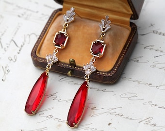 Pendientes colgantes Art Déco rojos, lágrima de cristal, joyería nupcial de rubí