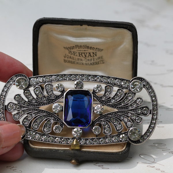 Art Deco Diamond Sapphire Brooch, Crystal Large Glam Brooch, 1920s Art Deco Jewelry, Gatsby Cloak Pin, Bridal Jewelry, Mother of the Groom