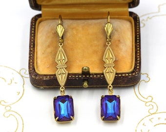 Victorian Gold Dangle Earrings, Rectangle Purple Crystal Earrings, Art Deco Earrings, Edwardian Jewelry, Bridgerton, Prom Bridesmaid Earring