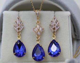 Vintage Art Deco Teardrop Ohrringe: Sapphire Blau, vergoldet, Stil der 20er Jahre