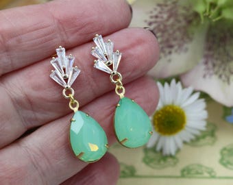 Art Deco Seafoam Dainty Teardrop Earrings, Green Opal Wedding Earrings, Bridesmaid Gifts