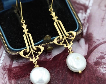 Art Deco Perlen-Tropfen-Hochzeits-Ohrringe, 1920er Jahre Gatsby Perle Anhänger Schmuck