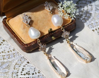 Pearl Statement Bride Earrings, Gold Pearl Drop Earrings, Extra Long Bridal Earrings, Art Deco Crystal Earrings Jewelry, Bridesmaid Gifts