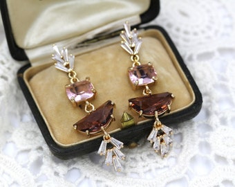 Art Deco Earrings, Pink Burgundy Earrings, Bride Dangle Earrings, 1920s Wedding Earrings, Statement Boho Bridal Earrings, Art Deco Jewelry