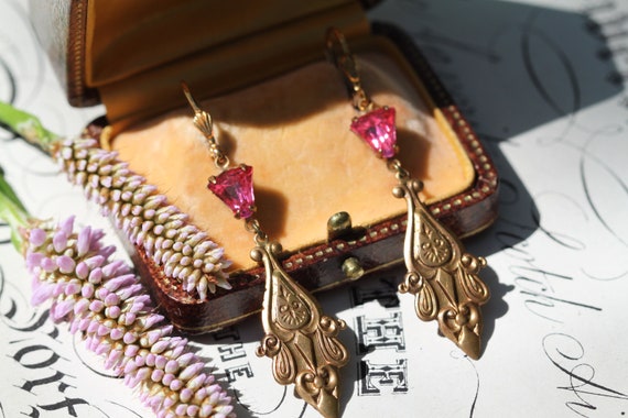 Vintage Victorian Earrings, Pink Crystal Earrings… - image 5