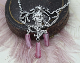 Art Nouveau Silver Pendant Necklace, Flower Fairy, Vintage Czech Glass