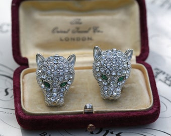 Silver Leopard Earrings, Panther Jewelry, Snow Leopard Big Crystal Earrings, Art Deco Rhinestone Earrings, Vintage Clip on Earrings, Non Pie