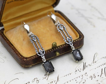 Vintage Art Deco Drop Earrings, Black Diamond Crystal, Silver Filigree