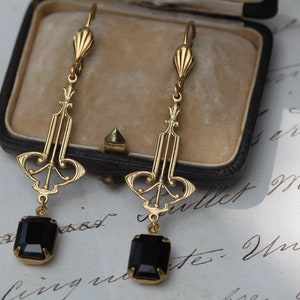 Elegant Art Deco Earrings, Black Gold Dangle Earrings, 1920s Charleston Earrings, The Great Gatsby, Edwardian Jewelry, Antique Crystal Earri