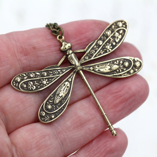 Dragonfly Moth Necklace, Victorian Renaissance Necklace, Dragonflies, Art Nouveau Nature Necklace, Homemade Jewelry, 40th Birthday Gifts