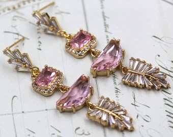 Art Deco Statement Earrings, Pink Bride Earrings, Leaf Crystal Earrings, Boho Bridal Earrings, Bridesmaid Jewelry, Light Pink Long Drop Earr