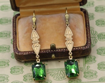 Olive Green Art Deco Crystal Earrings, Vintage Victorian Gold Filigree Drop