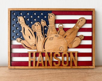 Custom Bowling Name Sign | Patriotic Americana Wall Art | Personalized Sports Decor