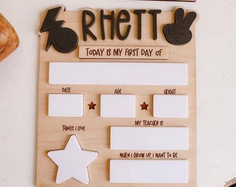 Personalized First  Last Day of School Board for Boys | Reusable School Sign with Lightning Bolt  Peace Sign | Back to School Photo Prop