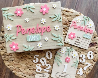 Wildflower Daisy Flower Arched Milestone, Baby Birth Announcement, Baby Name, Baby Keepsake Box, Newborn Photo Prop, Number Prop Set