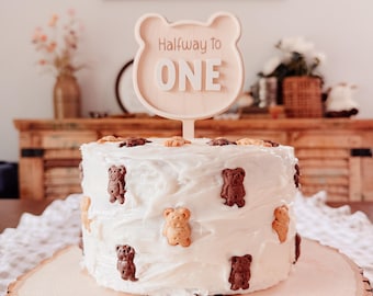 Halfway to One Cake Topper – Bear Theme | 6 Month Baby Milestone Wood Cake Topper | Teddy Bear Party Decor