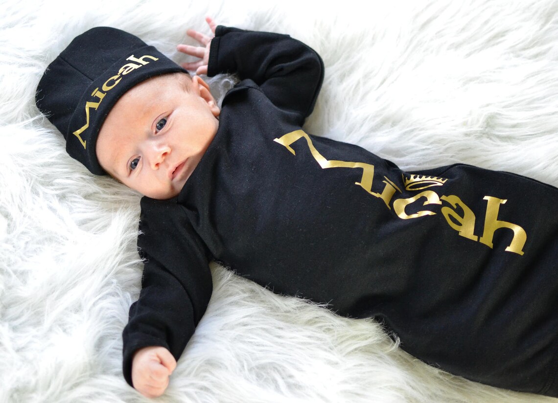 Baby Boy Personalized Black and Gold Gown Newborn Boy Black Etsy