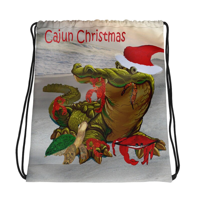 Cajun Christmas on the Bayou Drawstring tote bag from my art.