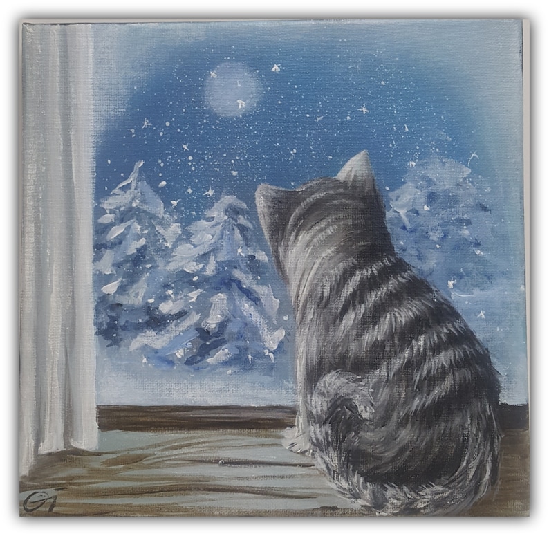 Winter landscape Cat painting original acrylic painting Etsy