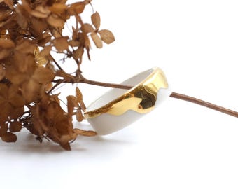Porcelain Ceramic White Ring with Gold