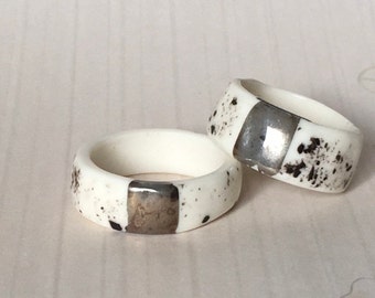 Handmade Porcelain Ceramic White Ring with Platinum Decor, Sizes 8 and 9