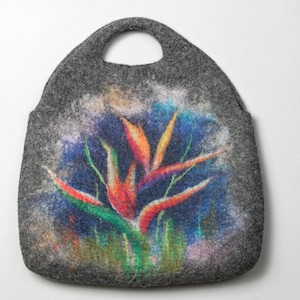 Needle felted Gray hand bag with felted wool watercolor flowers, Handmade wet felted clutch for a night out