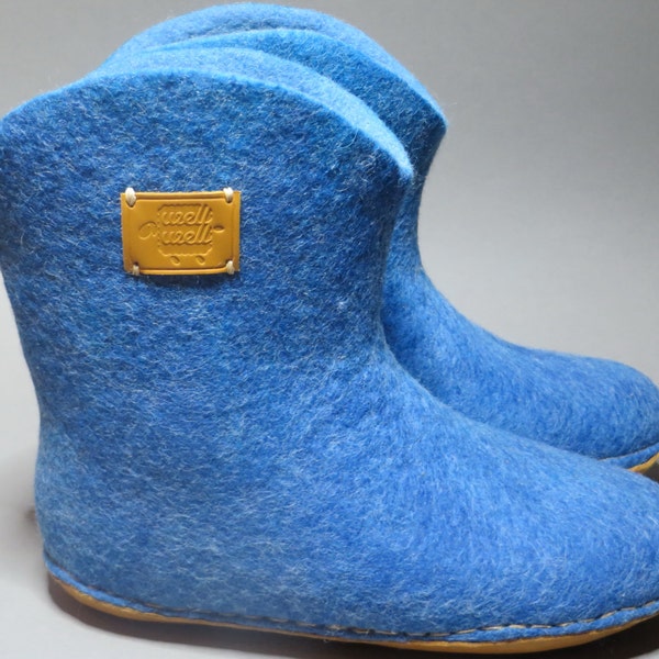 Wide fit felted ankle boots/ house shoes/ slippers/ clogs with natural leather soles aqua blue coloured booties with double soles