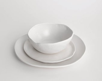 White Matte 3 Piece Set, Dinnerware Set, Handmade Dinner Plate, Bowl, Ceramic Plates, Ceramic Bowls, Tableware