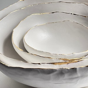 Flutter Bowl White Matte with 22 K gold detail, serving bowl, home decor, white matte, nesting bowl set, wedding gift, unique gift, handmade image 2