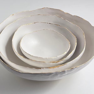 Flutter Bowl White Matte with 22 K gold detail, serving bowl, home decor, white matte, nesting bowl set, wedding gift, unique gift, handmade image 3