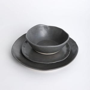 Charcoal Shino 3 Piece Set, Dinnerware Set, Dinner Plate, Ceramic Plate, Ceramic Bowl, Grey image 1