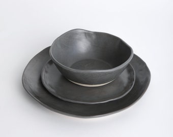 Charcoal Shino 3 Piece Set, Dinnerware Set, Dinner Plate, Ceramic Plate, Ceramic Bowl, Grey