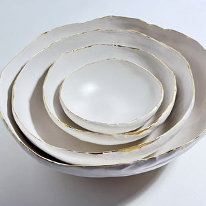 Flutter Bowl White Matte with 22 K gold detail, serving bowl, home decor, white matte, nesting bowl set, wedding gift, unique gift, handmade image 1