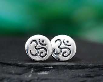 Small Om Stud Earrings, Sterling Silver Zen Stud Earrings for Men or Women, Yoga Earrings, Spiritual Jewelry Gift for Her | Fern & Rowan