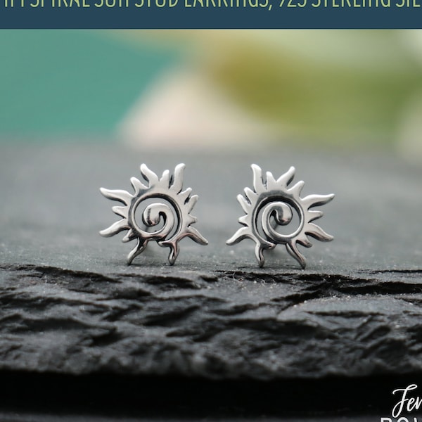 Tiny Spiral Sun Stud Earrings, Sterling Silver Sunburst Earrings, Sunbeam Post Earrings, Silver Stud Earrings for Men | Fern & Rowan
