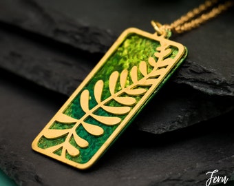 Fern Leaf Bar Necklace, Colorful Rectangular Pendant Necklace, Forest Fern Necklace, Hand Painted Brass Botanical Jewelry | Fern & Rowan