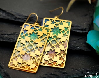 Gold Filigree Rectangle Bar Earrings, Pastel Watercolor Dangle Drop Earrings, Multicolor Hand Painted Statement Jewelry | Fern & Rowan