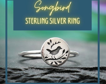 Dainty Songbird Ring, Sterling Silver Bird Ring, Engraved Bird and Branch Ring, Womens Nature Signet Ring | Fern & Rowan