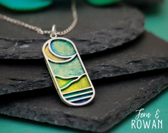 Mountain Moon and Ocean Necklace, Modern Landscape Pendant, Blue Green Pendant, Night Sky Nature Jewelry, Handmade Necklace | Fern & Rowan