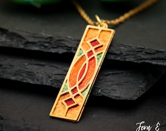 Stained Glass Window Rectangle Bar Necklace, Brass Geometric Pendant, Unique Necklace for Women, Handmade Necklace Charm | Fern & Rowan