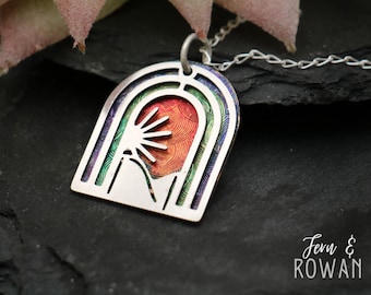 Stainless Steel Mountain Necklace, Scenic Landscape Pendant, Sunrise to Sunset Arch Necklace, Handmade Art Deco Jewelry | Fern & Rowan