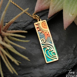 Beach Vertical Bar Necklace, Colorful Landscape Pendant, Summer Jewelry, Ocean Waves Rectangular Necklace | Fern & Rowan