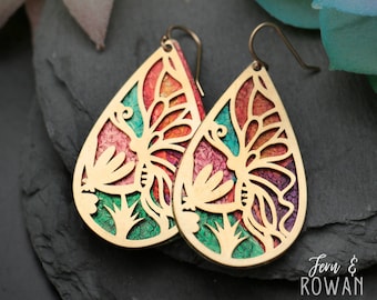 Butterfly Dangle Drop Earrings, Teardrop Flower Garden Earrings, Multicolor Spring Earrings, Hand Painted Wearable Art | Fern & Rowan