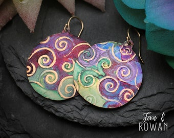 Van Gogh Dangle Earrings, Rainbow Spiral Drop Earrings, Lightweight Round Earrings, Artisan Hand Painted Art Jewelry | Fern & Rowan