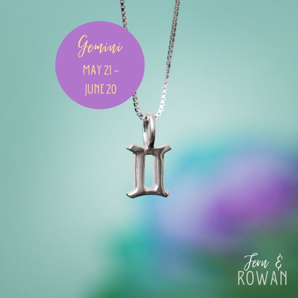 Gemini Zodiac Charm Necklace, Sterling Silver Gemini Pendant, Astrology Birthday Gift, Horoscope Jewelry | Fern & Rowan
