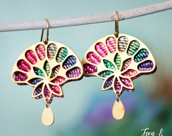 Rainbow Fan Earrings, Gold Fan Shaped Earrings, Art Deco Dangle Earrings, Multicolored Fan Dangle Earrings, Pride Jewelry | Fern & Rowan