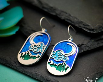 Crescent Moon and Mountain Earrings, Unique Blue Mountain Earrings, Nature Travel Jewelry, Gift For Hiker, Nature Earrings | Fern & Rowan