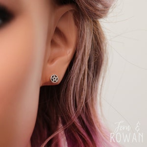 Model Photo - Tiny Protection Star Stud Earrings, Sterling Silver Pentacle Earrings | Fern & Rowan