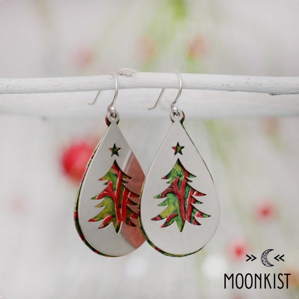 Christmas Tree Dangle Earrings, Teardrop Silver Holiday Earrings, Hand Painted Festive Christmas Jewelry Gift for Her | Fern & Rowan