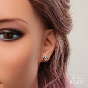 Model Photo - Tiny Spiral Sun Stud Earrings, Sterling Silver Sunburst Earrings | Fern & Rowan